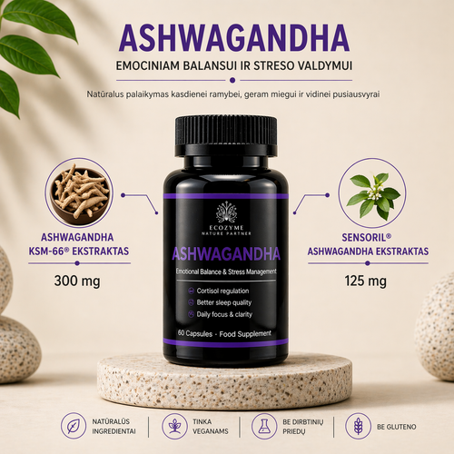 Ecozyme Ashwagandha on kokonaisuus emotionaalista tasapainoa ja stressinhallintaa varten